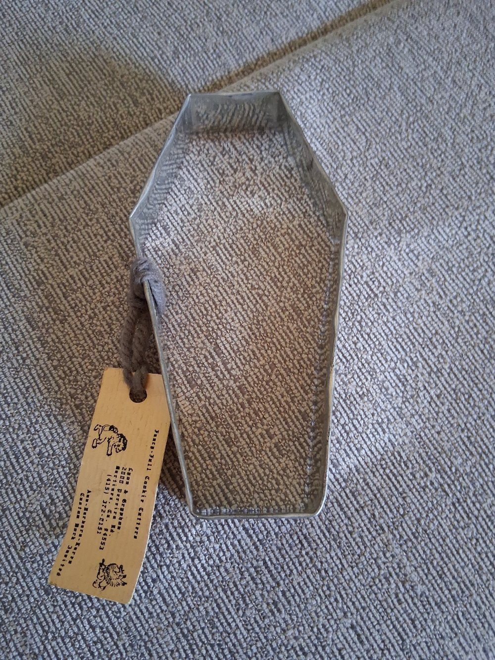 Vintage Metal Coffin Cookie Cutter with Tag - Silver 5" Handmade
